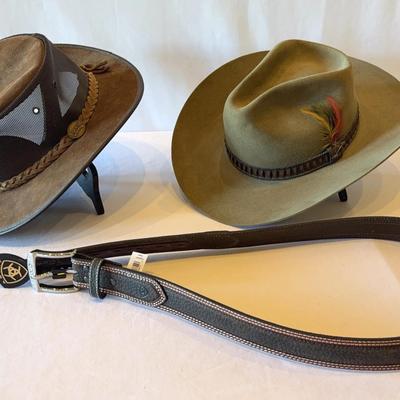 Men’s Stetson hat (7 3/8), Barmah Australian hat and Ariat belt (size 40)