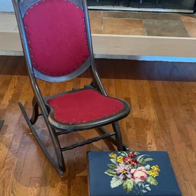 Antique Victorian Folding Nursing Rocking Chair Upholstery & Vintage Floral Needlepoint Footstool