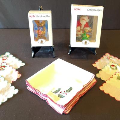 Spode Christmas Tree Handblown Glass Ornaments and Vintage Table Linens