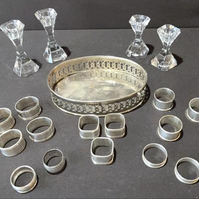 Villeroy & Boch Taper Candlesticks, Silver Toned Tray, And Silver Toned Napkin Rings