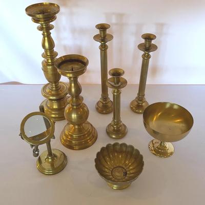 Brass Candlesticks, Decorative Bowls And Magnifying Glass Stand