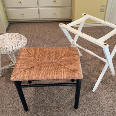 Wicker And Wood Tables And Folding Luggage Rack 
