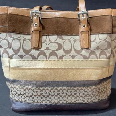 COACH Mixed Media Canvas Suede Leather Shoulder Bag with Leather Trim