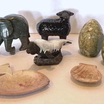 Unique Sculptures, Some Made Of Soapstone And Granite And Set Of Marble Egg Shaped Bookends