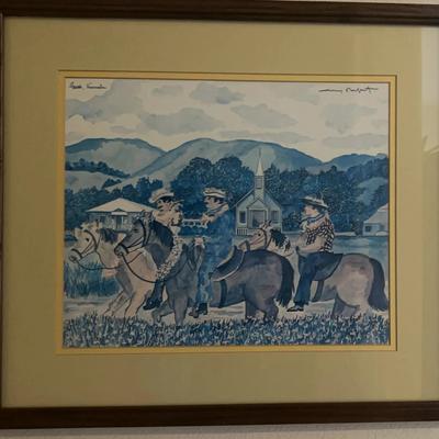 The image is a watercolor painting of a pastoral scene in Waimea, also known as Kamuela, on the isla