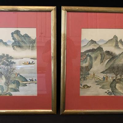 Vintage Shan Shui Style Asian Art, Two Framed And Matted Paintings