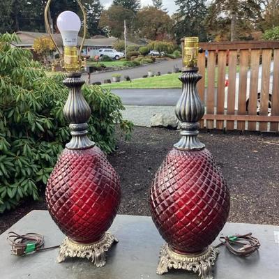 Pair of Mid-Century Ruby Red Diamond-Pattern Table Lamps – Ornate Metal Bases