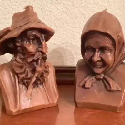 Character Candles – Elderly Man & Woman Busts (Rustic Folk Style, Mid-Century)
