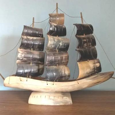 Vintage Handcrafted Horn Ship Sculpture — Three-Masted Sailing Vessel
