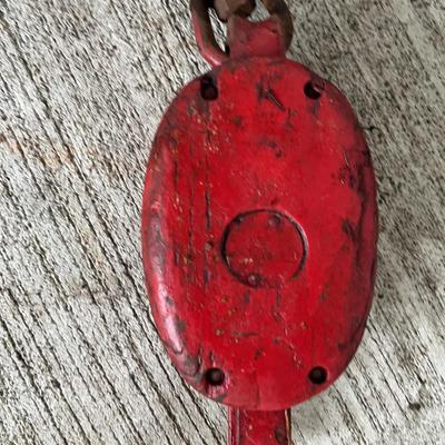 Vintage Industrial Pulley Block with Chain – Red Painted Cast Iron 
