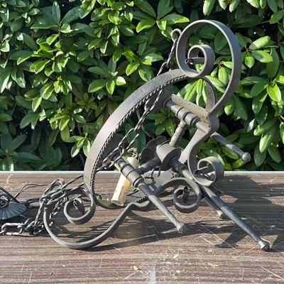 Wrought Iron Hanging Light Fixture – Scrolled Metal 2-Light Chandelier (c. 1950s–1960s)