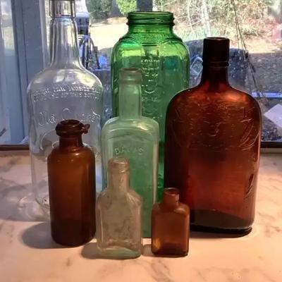 Glass Bottle Collection – 7 Pieces (Amber, Aqua, Green & Clear)
