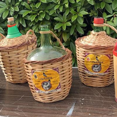 Spanish Wine Demijohn Bottles – Wicker & Wood Wrapped (c. 1960s–1970s)