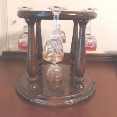 Crystal Cordial Glass Set with Rotating Wood Stand  Mid-Century Barware