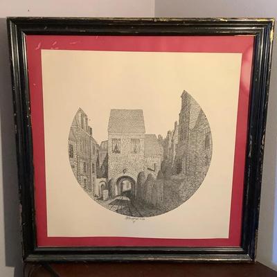 1988 Signed B. Hufford Architectural Pen & Ink Print – Framed Artwork