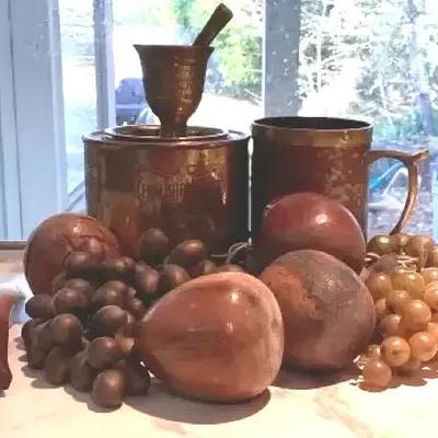 Petite Brass Mortar & Pestle/1970s Wood Fruit
