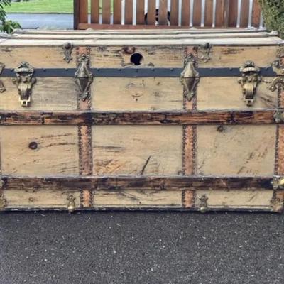 Late 1800s Flat-Top Steamer Trunk with Ornate Brass Hardware & Floral Lined Interior
