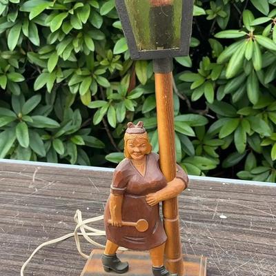Hand-Carved Wooden Lamp with Lady and Streetlight Figure (c. 1950s–1960s)