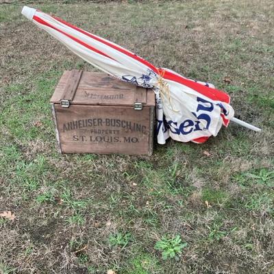 Wooden Budweiser Box and Patio Umbrella