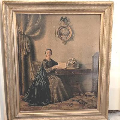 Framed Vintage Print — Seated Lady at Writing Desk in Gilt Wood Frame
