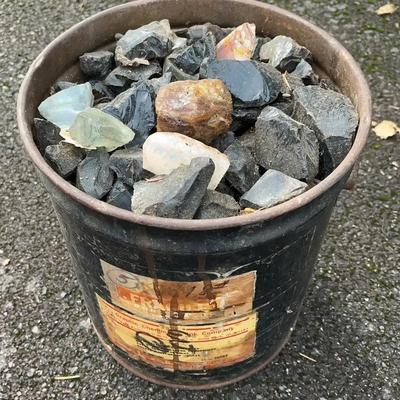 Vintage Industrial Metal Bucket Filled with Obsidian & Rough Stones (c. Mid-20th Century)
