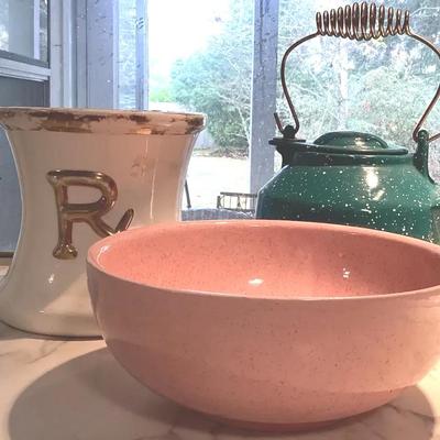 Enamel Teapot, Pink Speckled Ceramic Bowl & “Rx” Crock – Circa 1950s–1970s