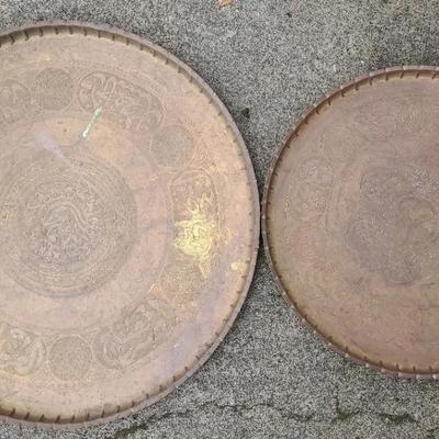 Pair of Ornate Etched Brass Trays – Middle Eastern Decorative Platters
