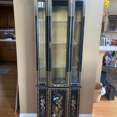 Hand Painted Black Lacquer Asian Curio Cabinet with Glass Doors & Inlaid Detailing