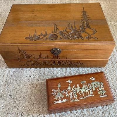Pair of Asian-Inspired Wooden Boxes – Carved & Inlaid