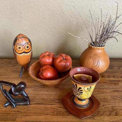 Handcrafted Global Décor Lot – Owl, Gourd Vase & Wooden Sculpture