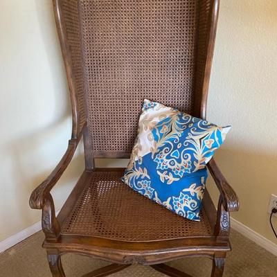 Antique Cane-Back Wing Chair with Carved Wood Frame