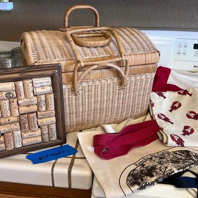Wicker Picnic Basket, Wine Cork Art & Kitchen Linens