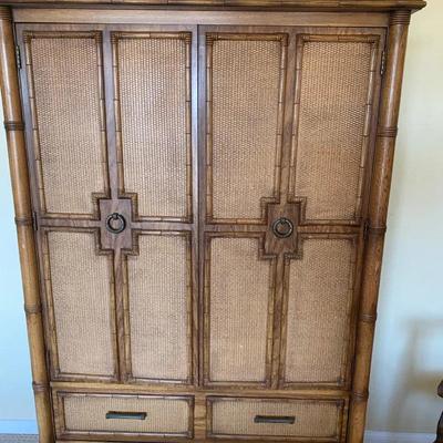 Thomasville Vintage Rattan Armoire – Bamboo Cane Style Wardrobe Cabinet with Drawers