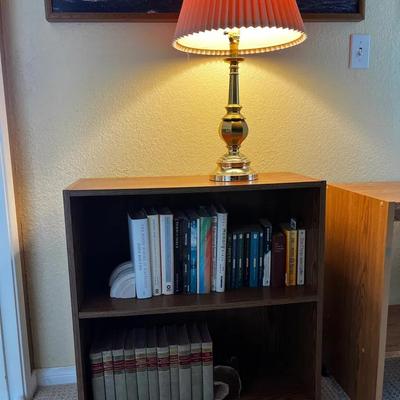 Brass Lamp & Two-Shelf Bookcase with Vintage Book Set