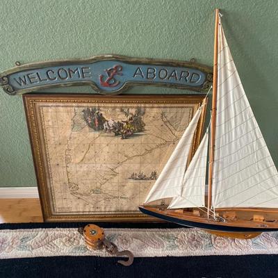 Nautical Décor Lot – Sailboat, Framed Map & Welcome Aboard Sign