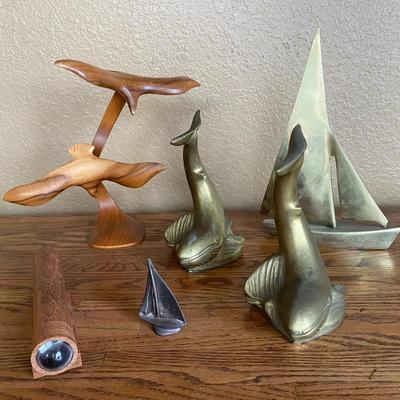 Coastal-Inspired Brass Whale Bookends, Sailboats, & Wooden Seagulls & Kaleidoscope