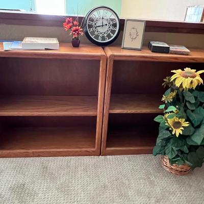 Pair of Oak Display Shelves with Clocks & Floral Accent