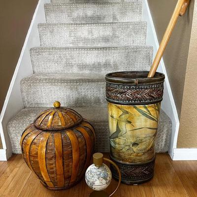 Wicker Basket, Umbrella Stand, Wood Cane, Small Light Up Globe