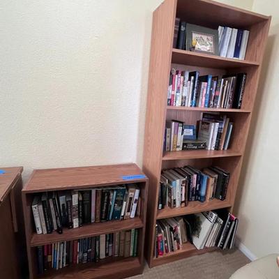 Pair of Wooden Bookcases – Tall and Short Matching Set & Book Collection