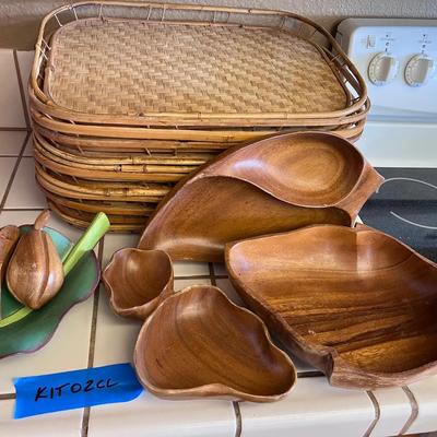 Mid-Century Monkey Pod Wood Serving Bowls & Bamboo Trays