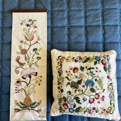 Hand-Embroidered Pillow & Wall Hanging – Vintage Floral Needlework