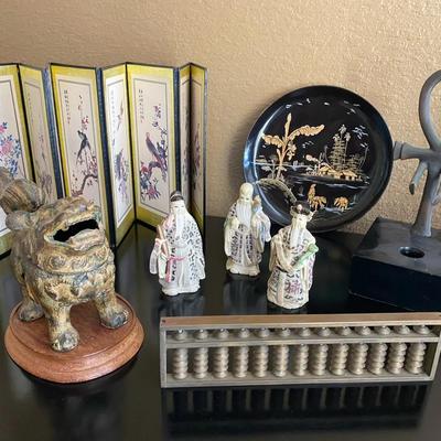 Brass Abacus, Bronze Egyptian Ankh, Japanese Lacquer Decorative Plate, & More