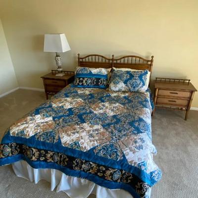 Queen Cane Bed Set with Matching Nightstands & Blue Quilt