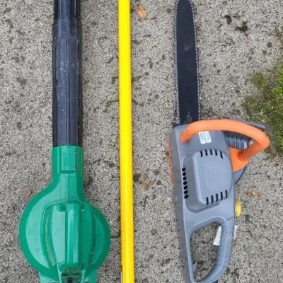 Electric Yard Tools Lot – Blower, Pole Trimmer, and Chainsaw