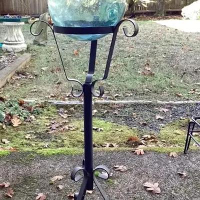 Hand-Blown Japanese Fishing Float in Wrought-Iron Stand