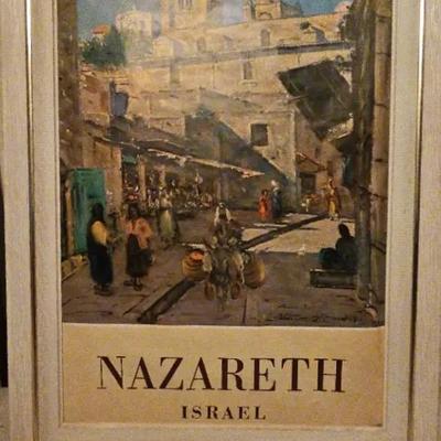 1950s–1960s “Nazareth, Israel” Framed Travel Art Poster – Middle Eastern Market Scene