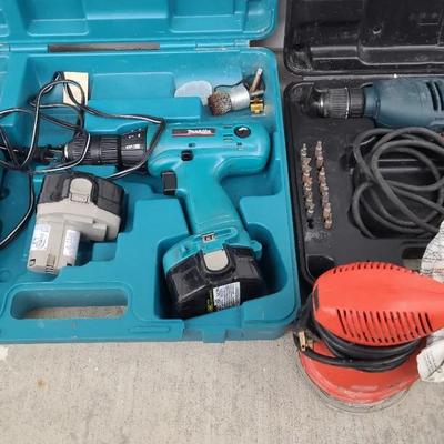 Power Tools Lot – Makita Cordless Drill, Black & Decker Electric Drill, and Sander
