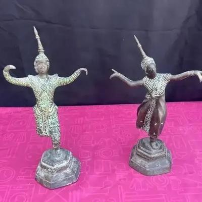 2 Vintage Bronze Thai Temple Dancer Figurines