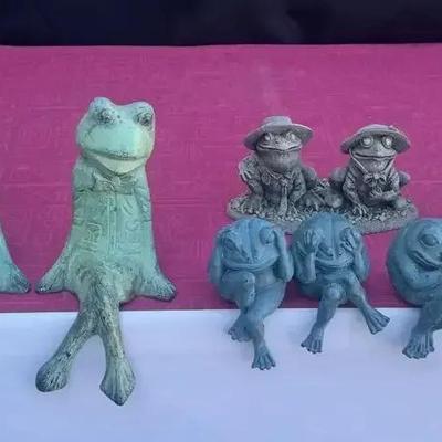 Two Brass Shelf Sitting Frogs, Hear No-See No-Speak No Evil Trio And Others