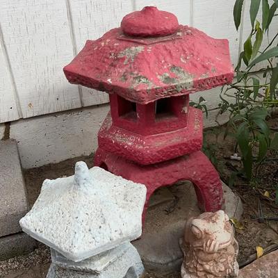 21” White And Red Japanese Pagoda Sculptures and A Frog